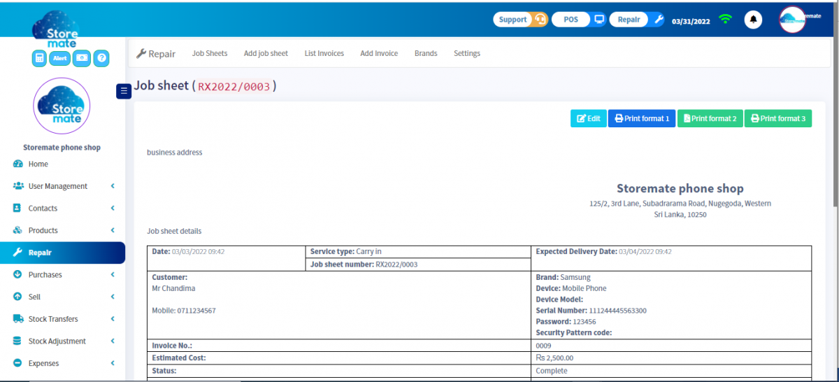 Job Sheet Example