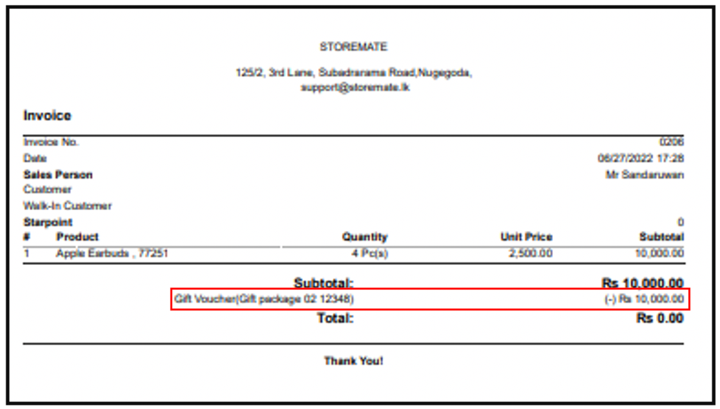 Invoice with Gift Card